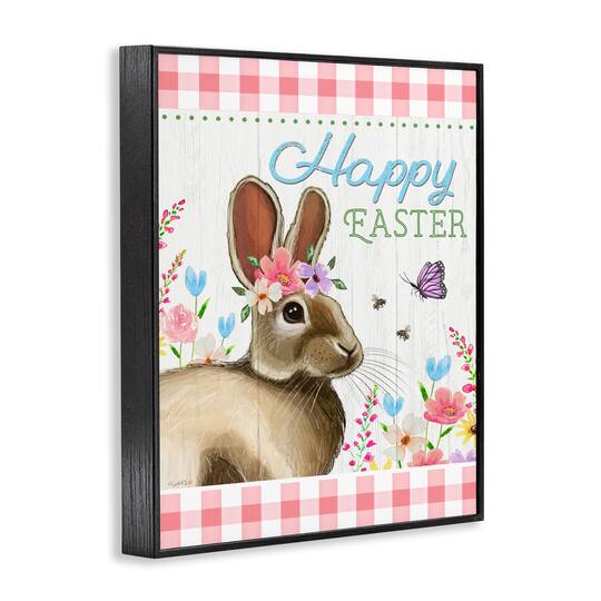 Stupell Industries Happy Easter Floral Gingham Rabbit Framed Giclee Art